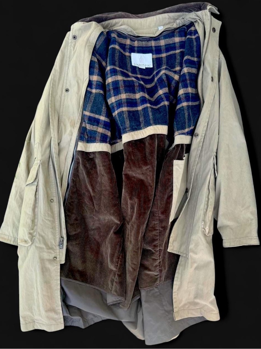 London Fog Beige Trench Coat with Blue Plaid & Brown Corduroy Lining